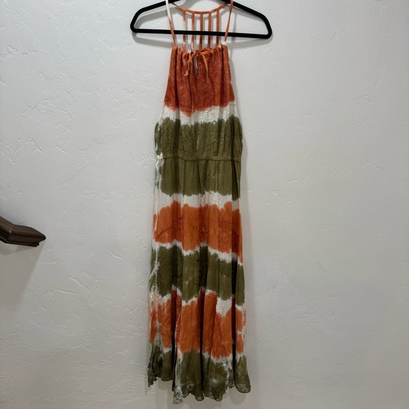 NWT Anthropologie RAGA Women's Large Tie Dye Maxi Dress Caged Back Orange Green - Picture 1 of 12